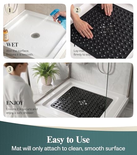 HITSLAM 21x21 Inch Square Shower Mat Non Slip, Anti Slip Bathtub Mat with Strong Suction Cups & Drainage Holes, Machine Washable Bathroom Floor Mat for Inside Shower Stall and Tub, Black - color: Black