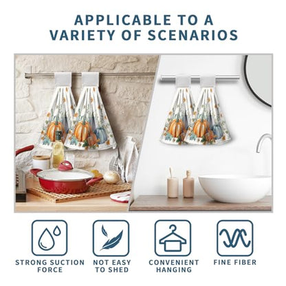 Fall Orange Blue Pumpkin Kitchen Hanging Towels Set of 2 Autumn Eucalyptus Maple Leaves Hand Towels with Hanging Loop Thanksgiving Dish Washcloth Soft Absorbent Bath Tie Towel - color: Orange Blue Pumpkin