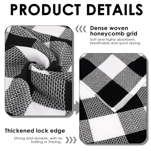5-Pack Buffalo Plaid Hand Towels - 100% Cotton Waffle Weave, 13x29 Inch - Soft, Absorbent & Quick Dry Dish Cloths for Kitchen and Bathroom Decor, Farmhouse Style (Black & White)