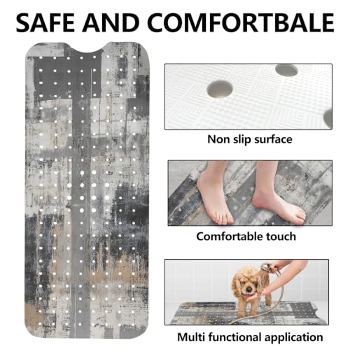 LNOND Grey and Brown Bathtub Mat Non Slip, 40 X 16 Inch Tub Mat for Bathroom, Abstract Art Bath Tub Shower Mat with Drain Holes and Suction Cups - color: Grey and Brown