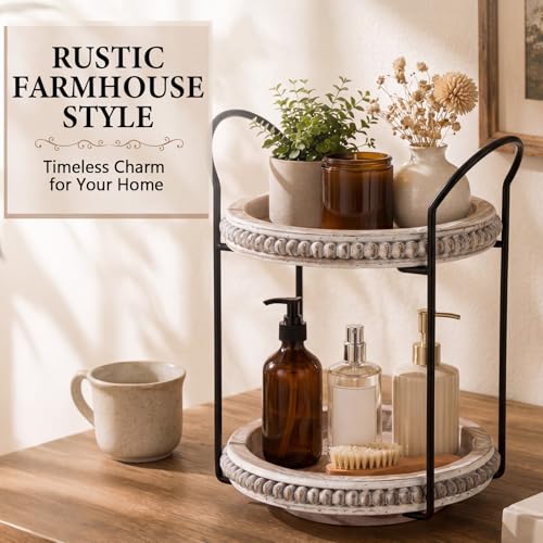 Qunclay 360 Rotating 2 Tier Wooden Tray Organizer Rustic Farmhouse Vanity Storage Large Capacity Round Organizer with Iron Frame for Cosmetics Perfume Skincare Kitchen Counter Bathroom Coffee Station