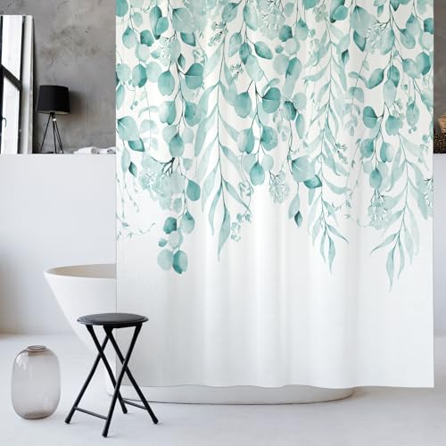 KAIRA Teal Eucalyptus Shower Curtain, Watercolor Plant Leaves with Natural Bathroom Shower Curtain,72" W x 72" L, Waterproof and Durable Polyester Fabric, Easy to Clean,Includes 12 Hooks - color: Teal