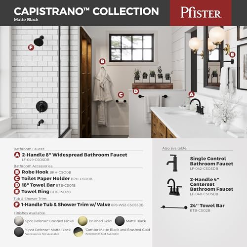 Pfister Capistrano Widespread 3 Hole Matte Black Bathroom Sink Faucet with 2 Handles Push & Seal Drain NSF Certified Spot Defense Finish Farmhouse Style Vanity LF049CSOSDB - color: Spot Defense Matte Black, size: 1 Pack