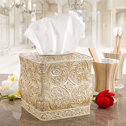 Creative Scents Victoria Beige Square Tissue Box Cover with Bottom Slider | Tissue Holder For Bathroom - Decorative Tissue Box Holder, Boho Bathroom Decor - style: Square Tissue Box