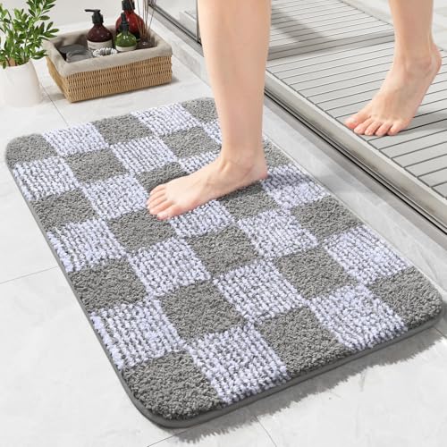 LOCHAS Bathroom Rugs 24×17, Checkered Bath Mat Non Slip, Grey | Rubber Backing Absorbent Machine Washable, Microfiber Carpet for Kitchen Bedroom Entryway - color: Grey, size: 24" x 17"