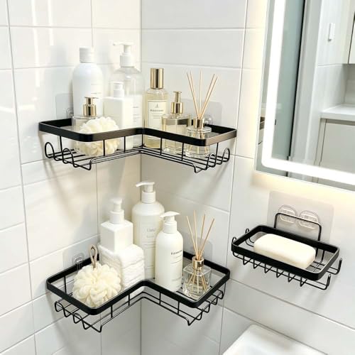 Corner Shower Caddy, 3 Pack Adhesive No-Drill Shelf, Rustproof Bathroom Organizer Rack with Hooks - color: Black, size: 3-Pack