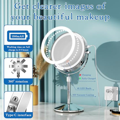 Vanity Mirror with Lights 7" Rechargeable 1x/10x Lighted Makeup Mirror Adjustable Height Double Sided Mirror with Lights 360°Rotating Makeup Mirror