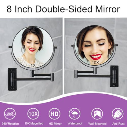 8" Wall Mounted Makeup Mirror with 1X 10X Magnification, Matte Black | Double-sided Wall Mount Magnifying Mirror with Swivel Extendable Arm for Bathroom - color: Matte Black-no Lights