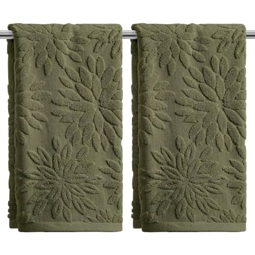 Artoid Mode 2 Pcs Olive Green 3D Dahlia Floral Jacquard Hand Towels for Bathroom, Cotton Soft Absorbent Bathroom Decor Towels, 13.7 x 29.5 Inch - color: Olive Green, size: 13.7" x 29.5", 2PCS