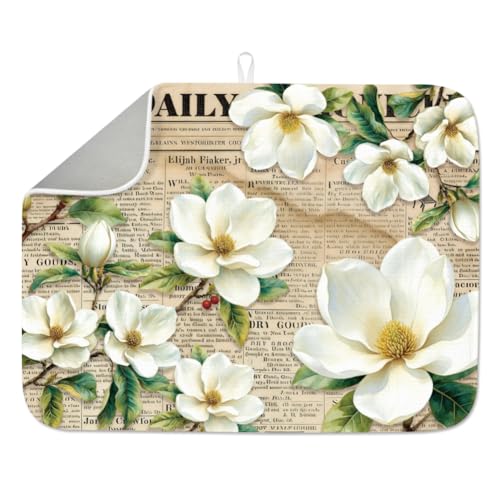 1Pc White Magnolia Dish Drying Mat 23.6 X 17.7 Inch/60 X 45 Cm Vintage Floral Dishes Drainer Mat Magnolia Absorbent Draining Pad Heat Resistant Coffee Bar Counter Mat With Hanging Loop - style: Vintage magnolia