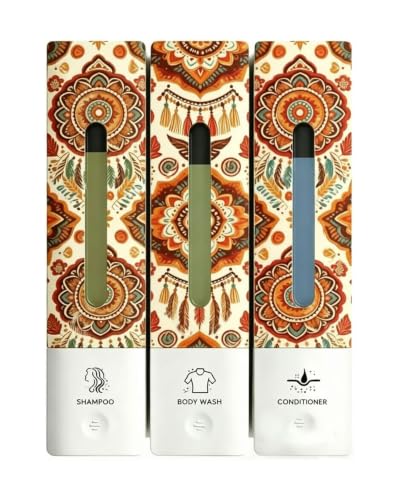 Boho Shampoo and Conditioner Dispenser 3 Chamber Wall Mount Shower Set No Drill Wall Mounted, ABS Plastic Refillable Body Wash & Soap Dispenser Set, Bathroom Shower Organizer, Bohemian Decor