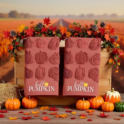 2 Pack Fall Hand Towel Jacquard Embroidered Cotton Kitchen Towels Farmhours Thankful Bath Towels Set Thanksgiving Bathroom Decor (Red Hello Fall, 2*Hand Towel) - color: Red Hello Fall