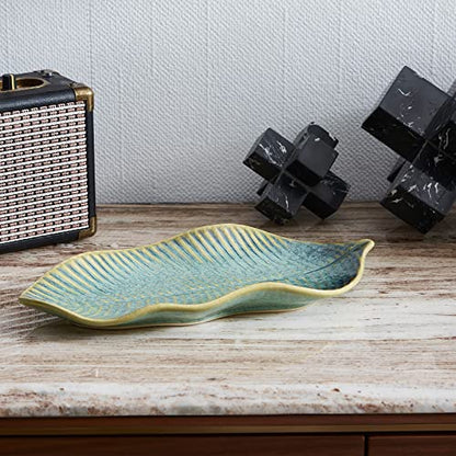 11" Green Ceramic Leaf Decorative Tray, Reactive Glaze Stoneware | Decorative Bowl, Handcrafted, Leaf-Shaped, For Entryway Table, Room Décor