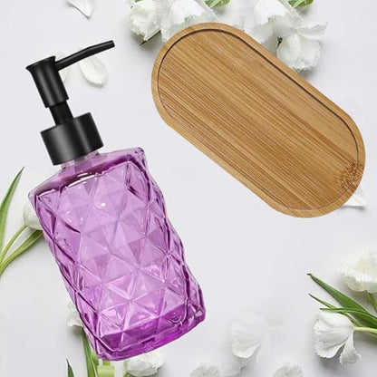 12oz Purple Glass Hand and Dish Soap Dispenser Set, Diamond Design, 2 Set | Bathroom Soap Dispenser with Plastic Pumps, Bamboo Tray for Hand Wash & Dish Wash, for Bathroom Kitchen Countertop - color: Purple