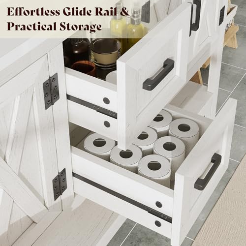 AMERLIFE 60" White Farmhouse Double Sink Bathroom Vanity, Solid White Top | Antique White, Solid White Integrated Top, Moisture-Resistant MDF, 4 X-Panel Doors, 2 Drawers, Open Shelf, Paper Towel Holder - color: Antique White, size: 60”