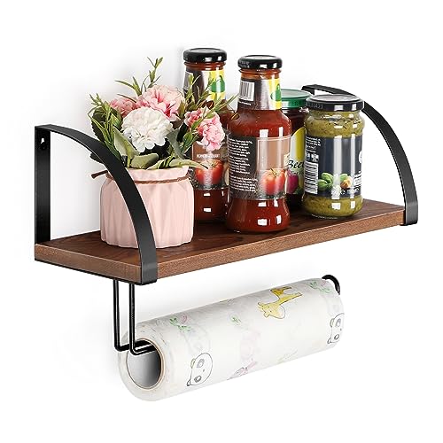 BTY Paper Towel Holder Wall Mount Farmhouse Wood Paper Towel Holder with Shelf Hanging Paper Towel Roll Rack Under Cabinet Spice Rack for Kitchen Bathroom Organizer Rustic Brown - color: Rustic Brown