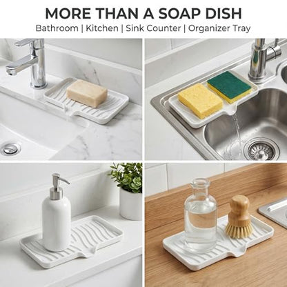 Silicone Soap Dish Tray with Drain, Large 10" x 5.2" Self-Draining Soap Holder for Bathroom Vanity and Kitchen Counter, Non-Slip Vanity Organizer for Standard & Oversized Bars (White)