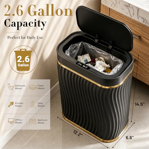 Ogikey Bathroom Small Trash Can with Automatic Touchless Lid, 2.6 Gallon Smart Garbage Can Narrow Waterproof Trash Bin for Bedroom, Office, Living Room - color: 2.6 gallon-Gold Black