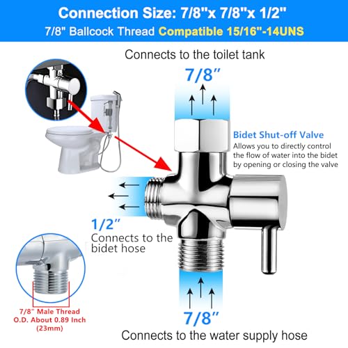 Bidet T Adapter with Shut-off Valve: 3 Way Brass T-valve for Bidet 7/8”X 7/8”X 1/2” - Tee Connector Leakproof Adjust Water Pressure Toilet Attachment Bathroom Installation