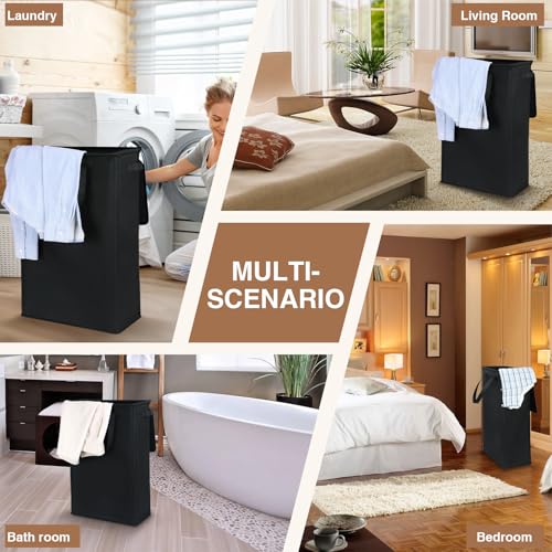 GOMAJI Slim Laundry Basket with Lid and Handles, Foldable Laundry Basket for Clothes, Clothes Hamper Easy to Carry, Dirty Hampers for Bedroom, Bathroom, Dorm, College, 12.7 Gallons(48L) - color: BLACK