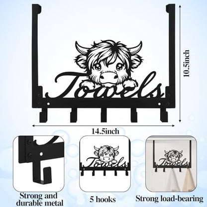 Kathfly Highland Cow Over the Door Hooks Highland Cow Towel Hooks Heavy Duty Hanging Towel Rack Over Door Hanger, 5 Coat Hanger for Bedroom Bathroom Kitchen, Black - color: Black, style: Highland Cow