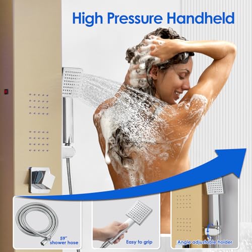 ROVOGO Gold Shower Panel Tower System W/Led Lights & 5 Shower Modes, 46.5" | Rainfall Waterfall Shower Head, 4 Body Massage Jets, Handheld and Tub Spout, Stainless Steel Shower Column with Brass Valves - color: Gold-4 jets