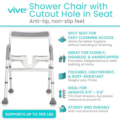 Vive Shower Chair for Elderly & Disabled - Handicap Bath Chair with Arms & U-Shape - Foldable, Adjustable Height - Padded Soaking w/Back & Drain Hole - Portable, Non-Slip, Safe Disability Aid | U-Shape - Foldable, Adjustable Height - Padded Soaking w/Back