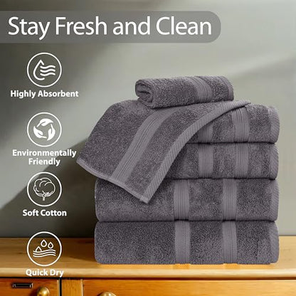 Superior 6-Piece Cotton Towel Set, Soft Plush Essential Towels, Bathroom Decor, Shower, Gym, Spa, Salon, Resort, Airbnb, Includes 2 Hand, 2 Face, and 2 Bath Towels, Smart Dry Collection, Grey