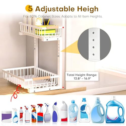 Under Sink Organizer, 2 Tier Pull Out Under-Sink Shelves, Adjustable Height (13.8" -16.9"), Sturdy Metal Storage Organizer for Bathroom Kitchen Pantry Cabinet (2 Packs, White)