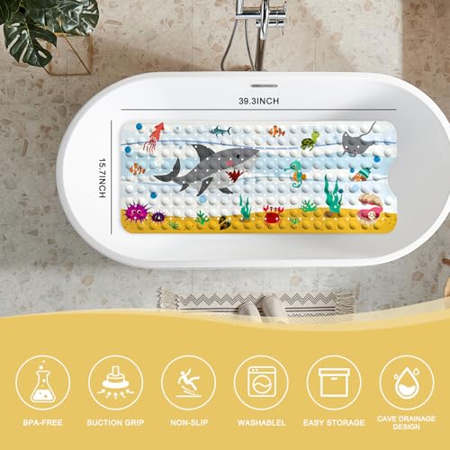 PRATIQUE Kids Bath Mat for Tub Non Slip，40 X 16 Inch Extra Long Kids Bathtub Mat Ocean Bathtub Shower Mat Safety Anti Slip with Suction Cups and Drain Holes, Machine Washable(Shark) - color: Dark Bule