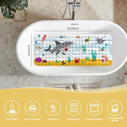 PRATIQUE Kids Bath Mat for Tub Non Slip，40 X 16 Inch Extra Long Kids Bathtub Mat Ocean Bathtub Shower Mat Safety Anti Slip with Suction Cups and Drain Holes, Machine Washable(Shark) - color: Dark Bule