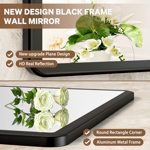 pertetey 36 x 30 in Rounded Rectangle Bathroom Mirror, Black Metal Frame | Black Metal Frame, Rounded Rectangle Design, Tempered Glass, Wall Mounted - size: 36”×30”
