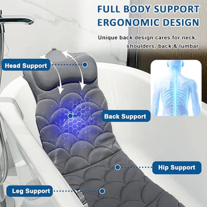 REEZEIVI Full Body Bath Pillow,3D Mesh Fabric,Head Neck Back Support,Gray | Thick Bathtub Cushion,with Laundry Bag,easy to clean and quick to air dry,13 Non-Slip Suction Cups