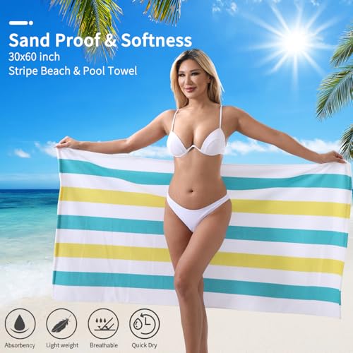 Beach Towel Set-4 Pack 30"x60" Sand Free Stripe Beach Towel for Pool,Bathroom,Soft Absorbent Quick Dry Lightweight Beach Bath Towel,Camping Blanket,Travel Towel,Beach Essentials for Adults,Teal/Yellow - color: Teal/Yellow