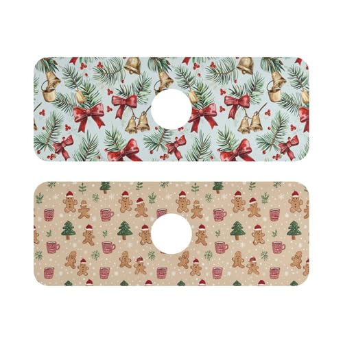 Bows Holly Bell Beige Gingerbread Snowflakes Kitchen Sink Splash Guard Sink Faucet Mat Faucet Handle Drip Catcher Drain Mats for Kitchen Bathroom Countertop Absorbent Dish Drying Pad 2Pack 14 - color: Bows Holly Bell Beige Gingerbread Snowflakes, size: 14