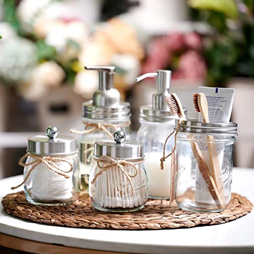 Amolliar Mason Jar Bathroom Accessories Set(4 Pack) - Lotion Soap Dispenser&Qtip Holder Set&Toothbrush Holder-Rustic Farmhouse Decor Apothecary Jar Bathroom Countertop,Vanity Organize (Brushed Nickel) | Brushed Nickel, Lotion Soap Dispenser, Qtip Holder,