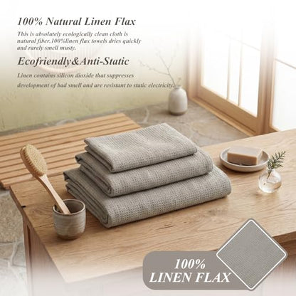 6 Pcs 100% Linen Towel Set 2 Waffle Bath Towels 2 Gray Washcloths 2 Hand Towels Natural Fiber Waffle for Bathroom Thin Pre-Washed Lightweight Quick-Dry Absorbent