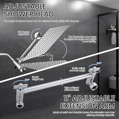 8 Inch High Pressure Rain Detachable Filtered Shower Head with Handheld Combo - 10 Spray Modes, Magnetic Docking, Power Jets, 11" Extension Arm & 60" Hose for Strong Water Flow