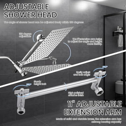 8 Inch High Pressure Rain Detachable Filtered Shower Head with Handheld Combo - 10 Spray Modes, Magnetic Docking, Power Jets, 11" Extension Arm & 60" Hose for Strong Water Flow