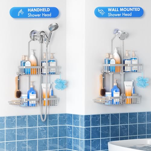 Sewulidon Aluminum Alloy Hanging Shower Caddy for Handheld Shower Heads,Rustproof Hose Shower Organizer 4 Levels Height Adjustable Shower Rack with Hooks,Razor Holder,Soap Holder - color: Aluminum Silver