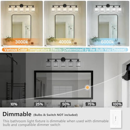 5 Light Bathroom Light Fixtures, Modern Crystal Vanity Lights over Mirror | Metal Frame, Bathroom Light with Square Crystal Shade, ETL Certified, E26 Ceramic Socket, Bulbs Not Included - color: Black, size: 5-Light