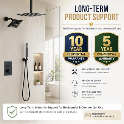 Thermostatic Dual Shower Head System, Matte Black Shower Faucet | 12 Inch Ceiling Rainfall Shower, 6 Inch Wall Mount Head, High Pressure Handheld Sprayer, Push Button Valve - color: Matte Black