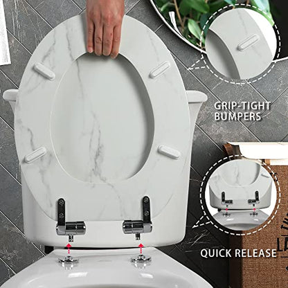 Angel Shield Marble Toilet Seat Durable Molded Wood with Quiet Close,Easy Clean，Quick-Release Hinges (Elongated,White Marble) - color: White Marble-Elongated, size: Elongated-18.5”