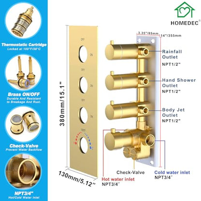 HOMEDEC 16" Round Ceiling Mounted Rainfall Shower System, 3 Way Shower Diverter Valve with 2-Function Handheld Shower and Body Jets, Brushed Gold - color: Brushed Gold, style: 3-Way