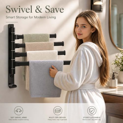 2-5 Arms Swivel Towel Rack Bath Towel Holder with Hook Swing Arm Towel Rack Wall Mount for Bathroom Kitchen-Black 4Arm - color: Black, size: 4-arm