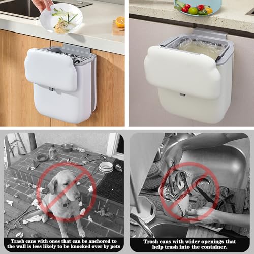 Soddeph 3.2Gal Collapsible Trash Bin with Lid | Hanging wall-mounted wastebasket for kitchen, under sink, RV. Collapsible, beige, space-saving