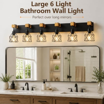 Farmhouse Vanity Light Fixture,6-Light Bathroom Lighting,Black Industrial Wood Wall Light Over Mirror with Metal Shade,LED Bulbs Not Included - color: Black, size: 6-Light-Wide 44"