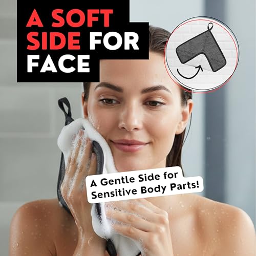 Double-Sided Exfoliating Washcloth, Body Scrubber for Shower, Hand Pocket | Rough & Soft Texture, Fast Drying, Deep Clean, Smooth Skin, Men or Women, 2 Count Pack, Bye Bye Loofah