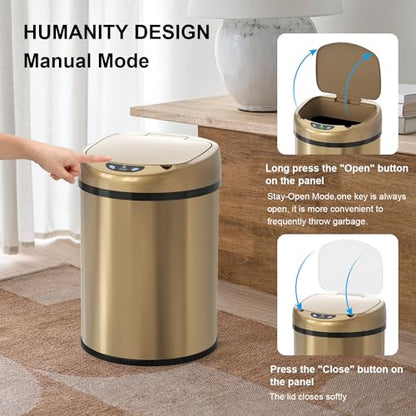 Smart Sensor Trash Can with Automatic Packaging Function 3.5 Gallon Stainless Steel Garbage Bin for Kitchen Bathroom Office Champagne Gold (
