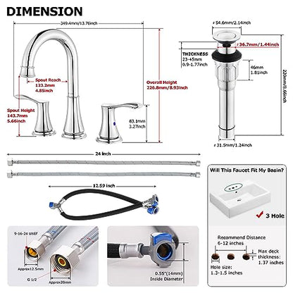 Chrome Widespread Bathroom Sink Faucet 8 Inch for Vanity | with All Metal Pop Up Drain, High Arc 2 Handle Lead-Free Deck Mount Bathroom Faucet for 3 Hole Lavatory Utility Sink - color: Chrome